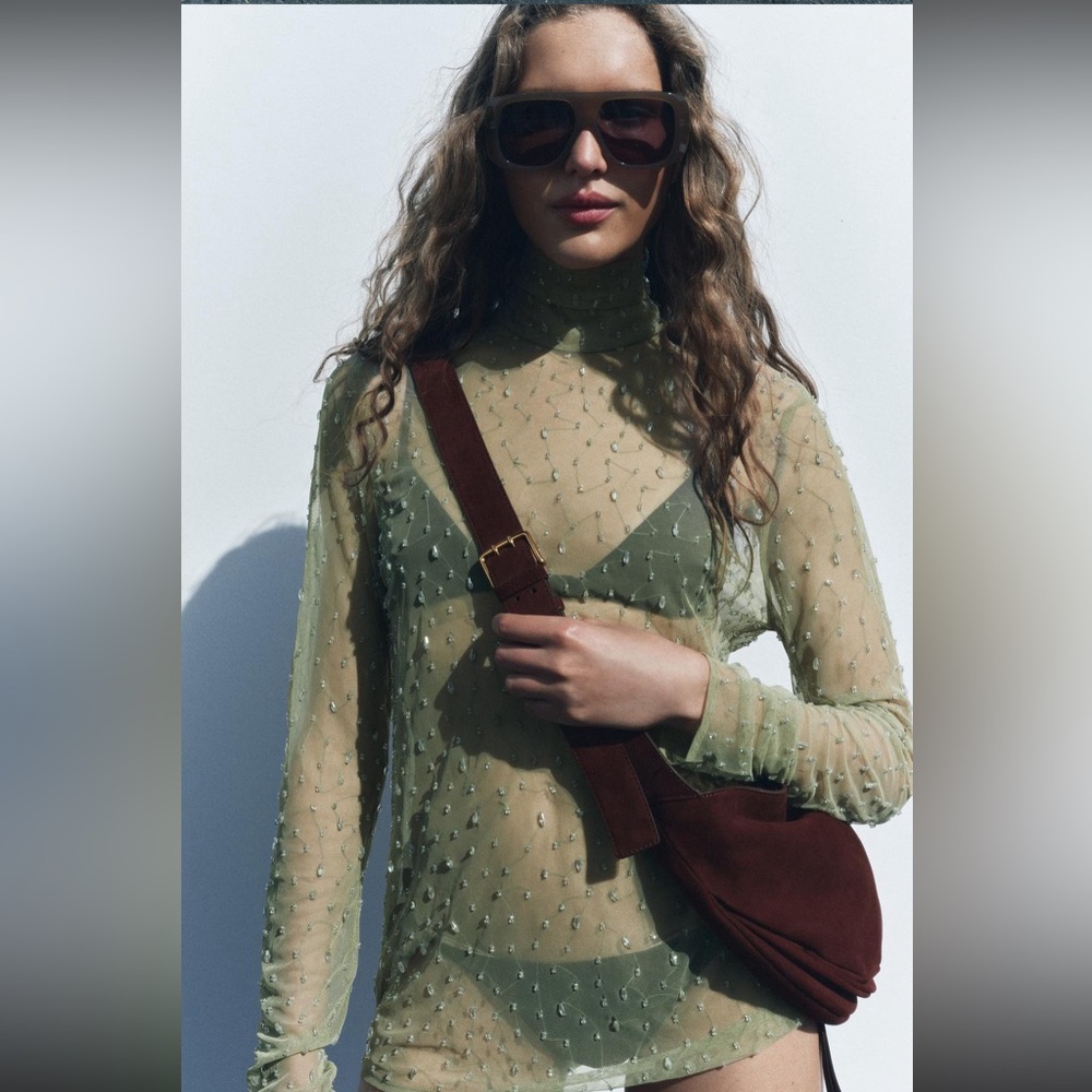 Zara semi sheer beaded top, hand embroidered gems